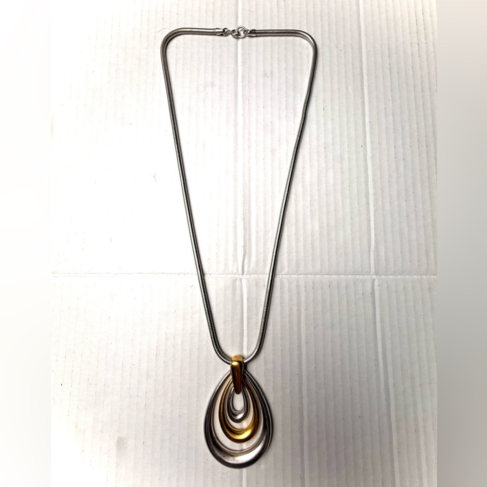 Vintage Crown Trifari Necklace Two Tone Teardrop Pendant Gold & Silver MCM 60s